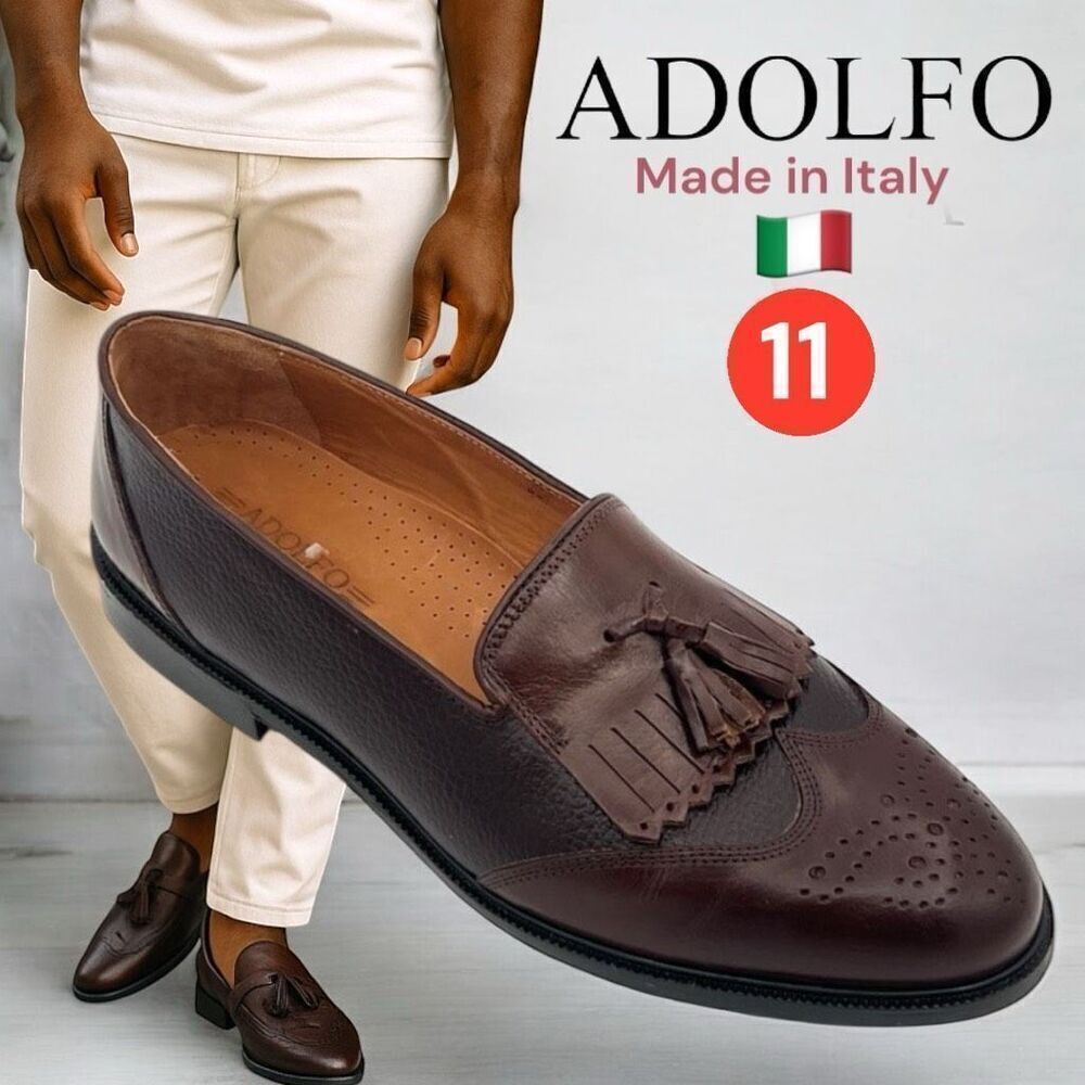 ADOLFO MEN’S Dress Shoes Loafers Brown Leather Tassels Hand Made In Italy 11